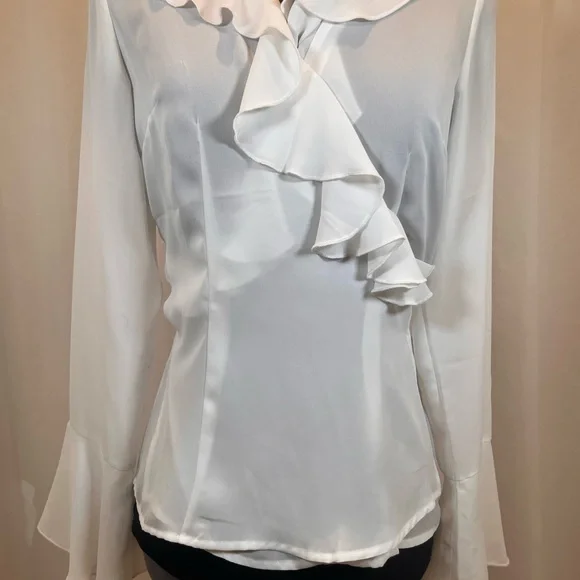 New York & Company White Ruffle Front V-Neck Blouse - Picture 2 of 9